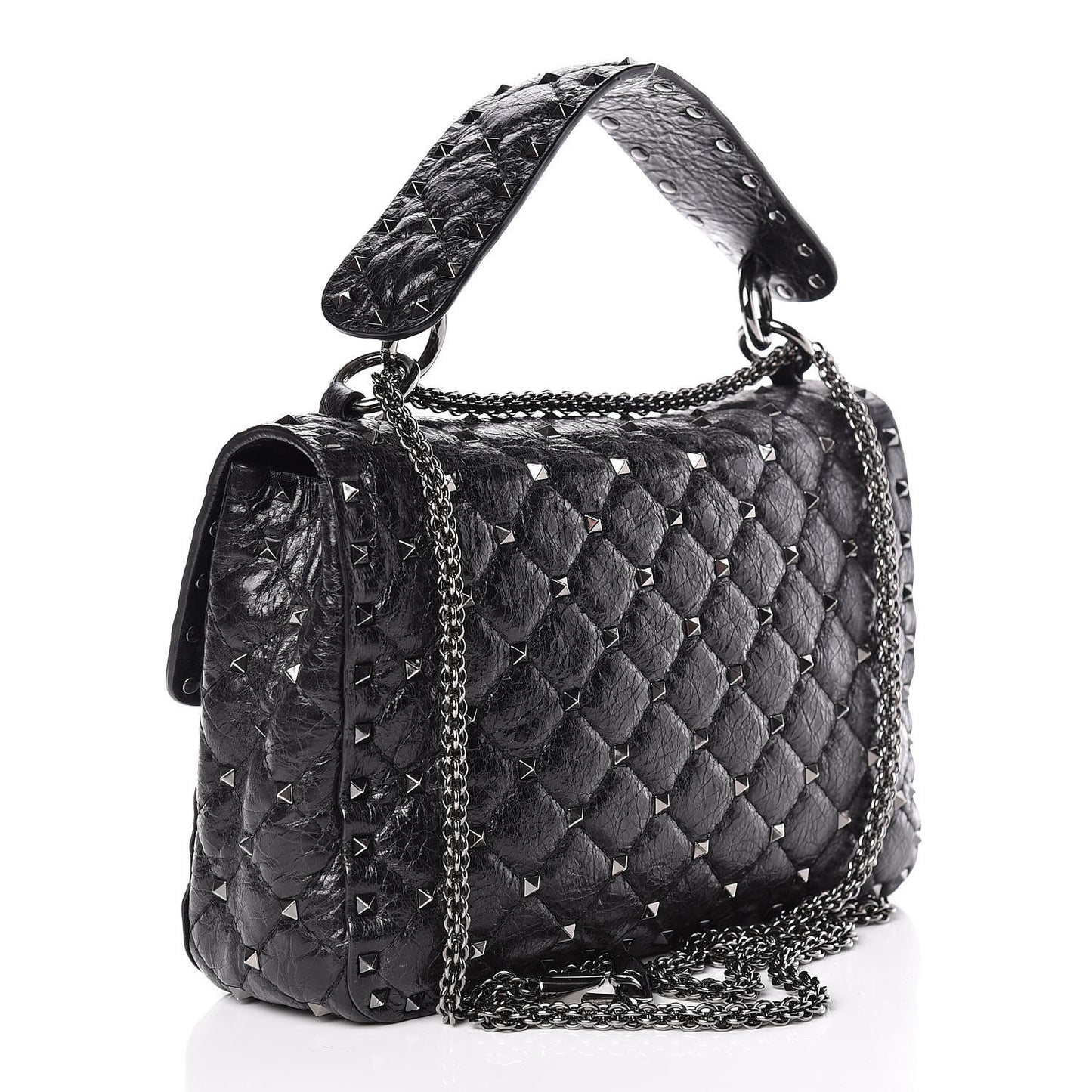 Craquele Nappa Medium Rockstud Spike Shoulder Bag Black