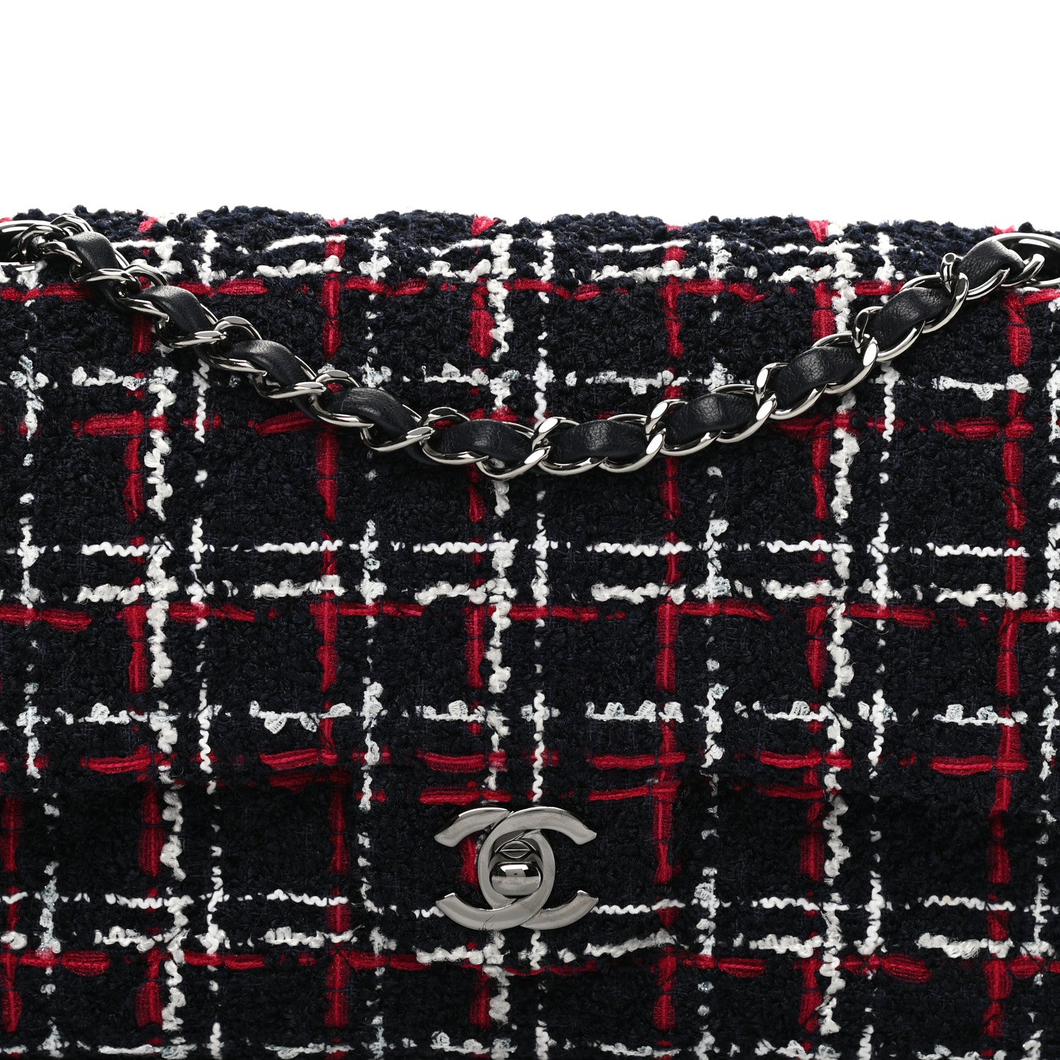 Chanel Tweed Quilted Medium Double Flap Navy White Red 8 of 16