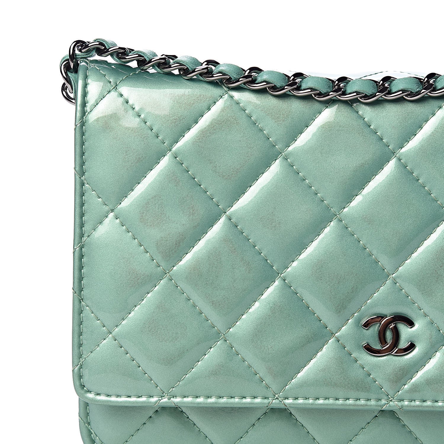 Chanel Patent Quilted Wallet On Chain WOC Green 10 of 14