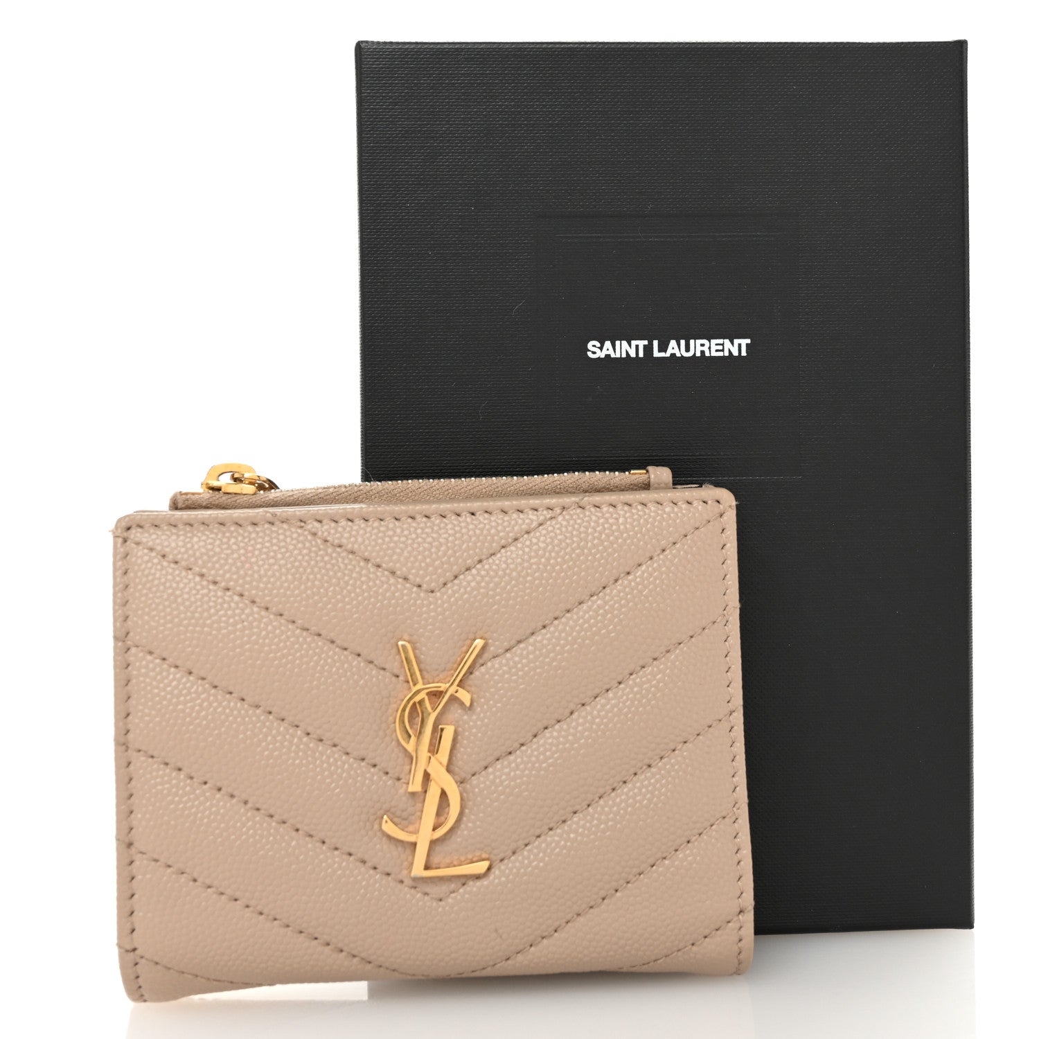 Saint Laurent Grain De Poudre Matelasse Chevron Monogram Zipped Card Case Nude Powder 11 of 11