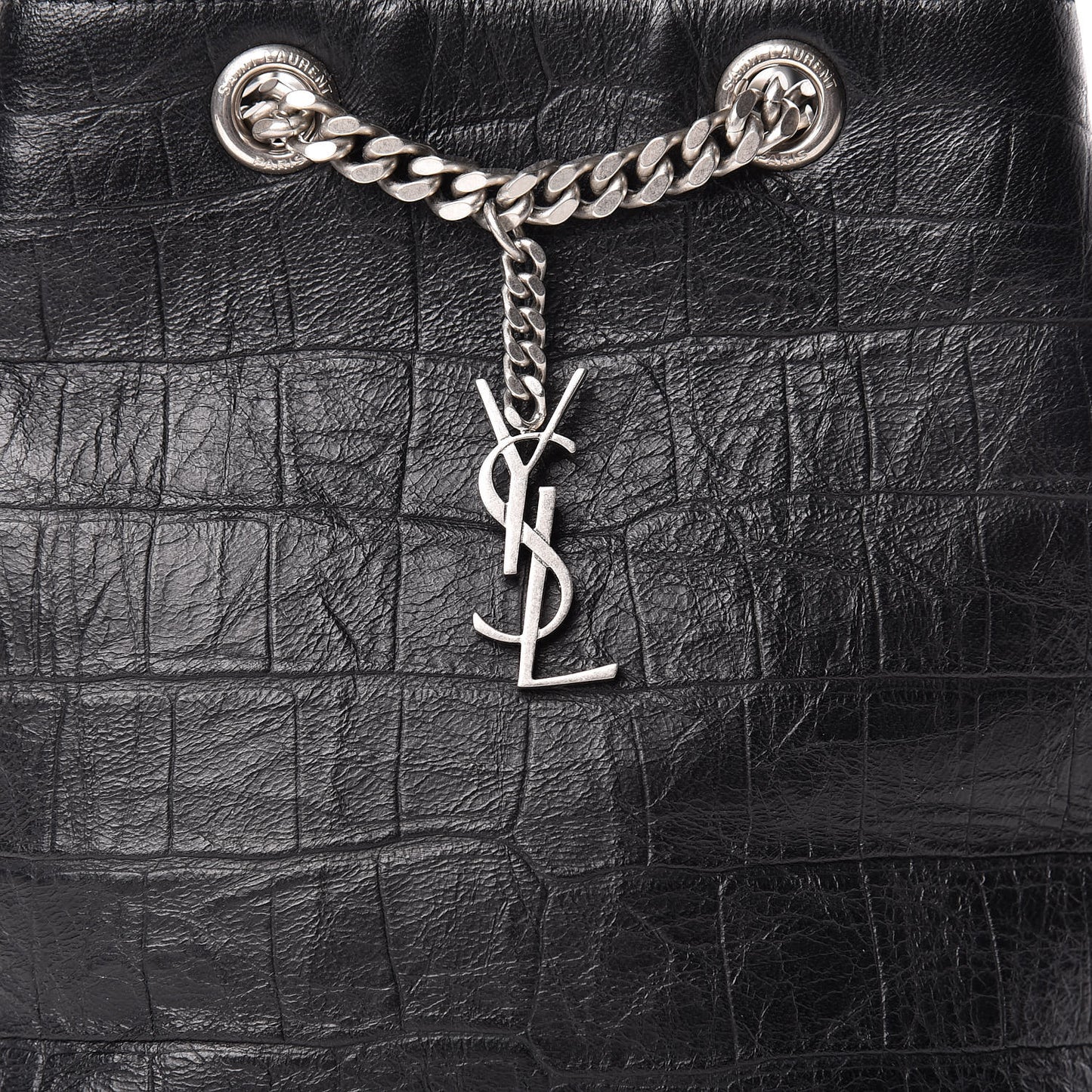Calfskin Crocodile Embossed Baby Emmanuelle Bucket Bag Black