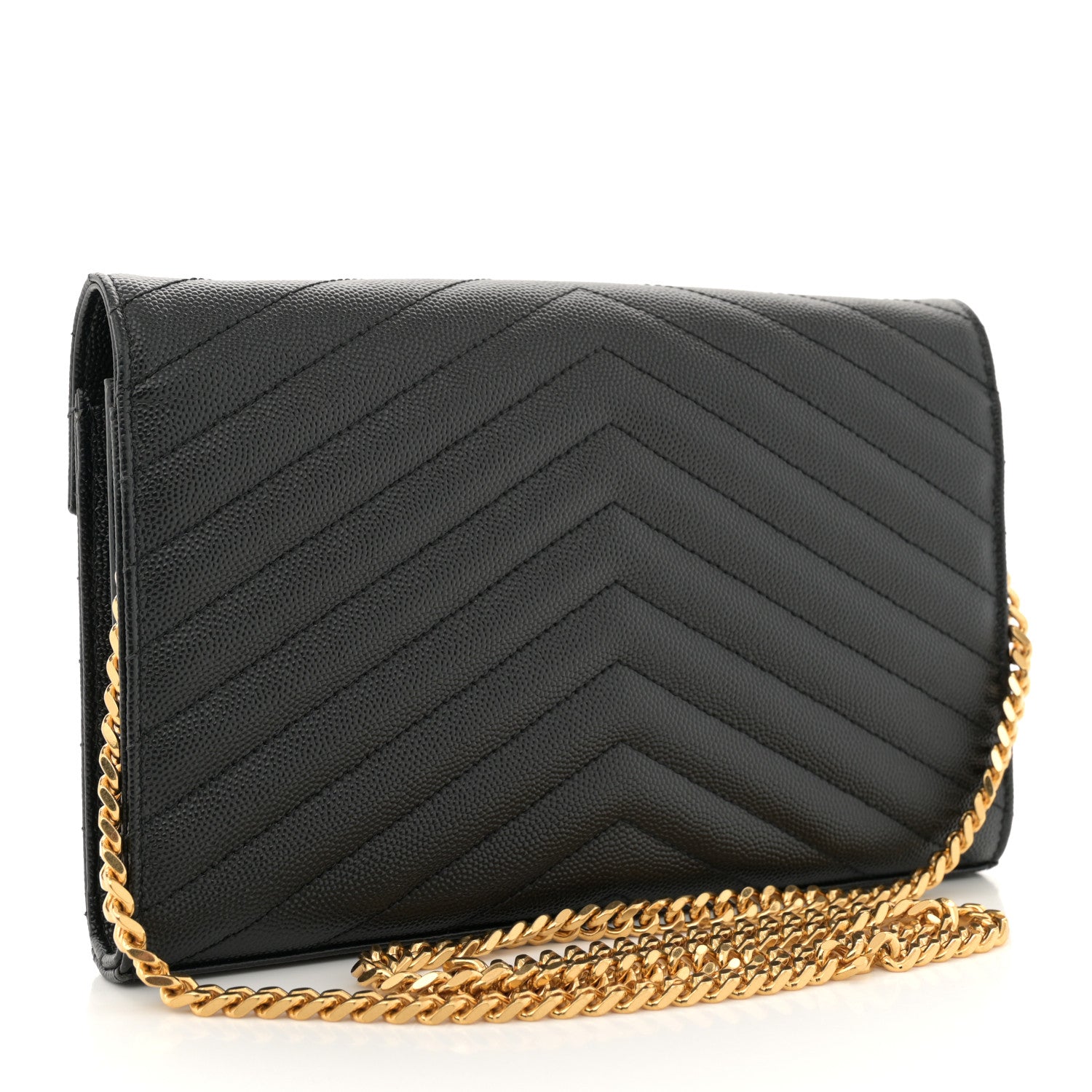 Saint Laurent Grain De Poudre Matelasse Chevron Monogram Chain Wallet Black 3 of 15