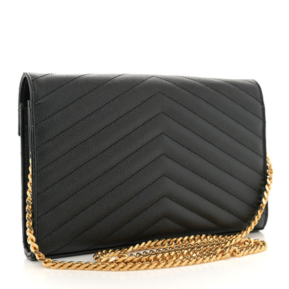 Saint Laurent Grain De Poudre Matelasse Chevron Monogram Chain Wallet Black 3 of 15