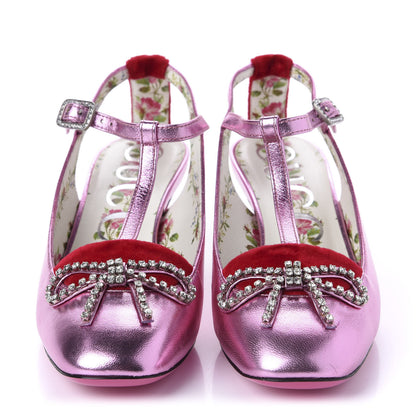 Gucci Metallic Nappa Velvet Crystal Bow Anita Pumps 35 Rosa Hibiscus Red 2 of 12