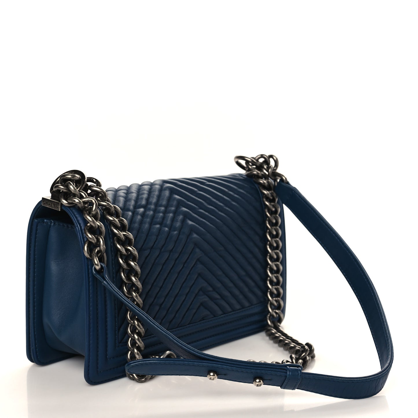 Wrinkled Lambskin Chevron Quilted Medium Boy Flap Navy