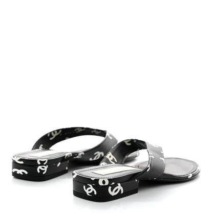 Chanel Printed Lambskin Coco Beach Thong Sandals 37 Black White 4 of 9