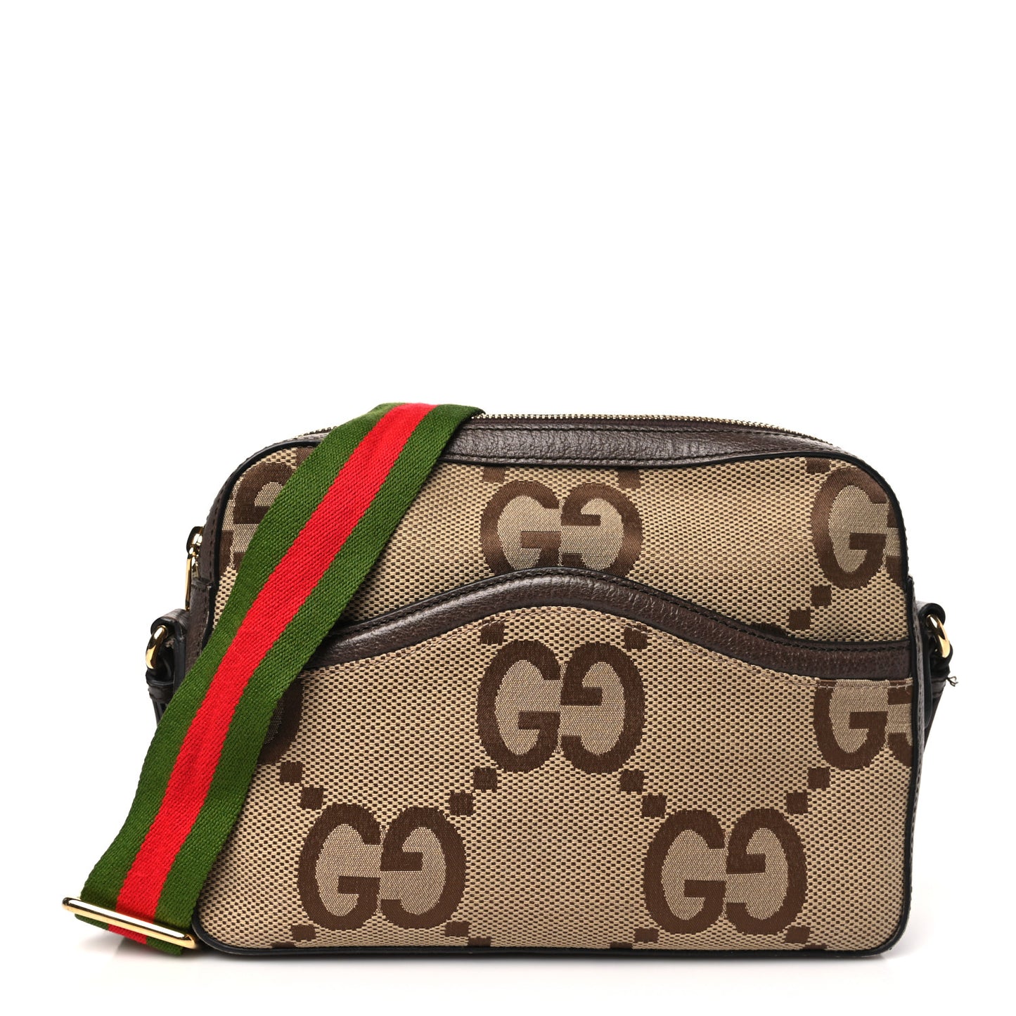 Monogram Jumbo GG Textured Dollar Calfskin Web Messenger Shoulder Bag Camel Ebony New Acero