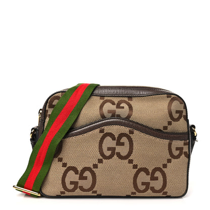 Gucci Monogram Jumbo GG Textured Dollar Calfskin Web Messenger Shoulder Bag Camel Ebony New Acero 1 of 11