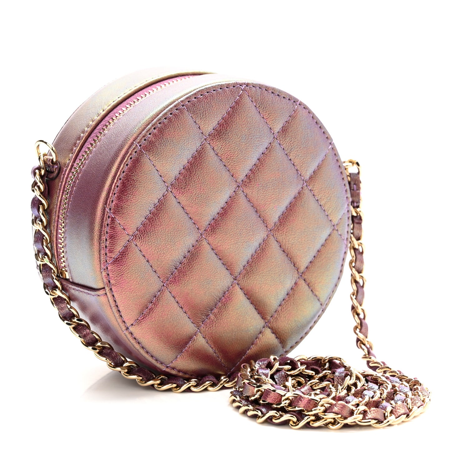 Iridescent Lambskin Quilted Round Clutch With Chain Purple