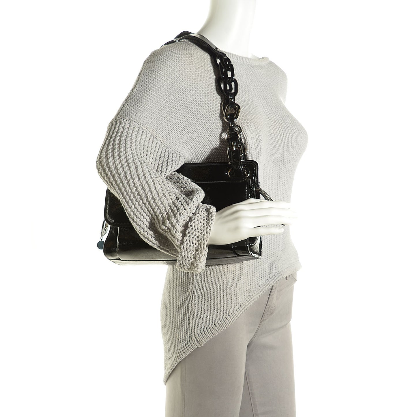 Patent Leather Stingray Cherche Midi Chain Shoulder Bag Black