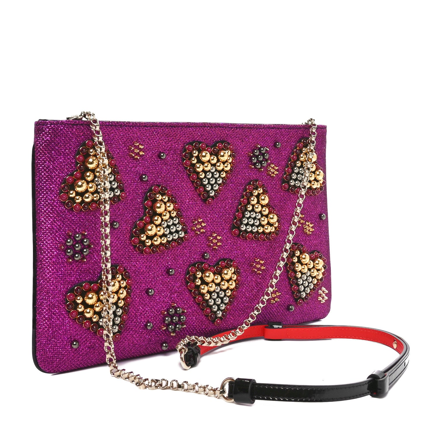 Christian Louboutin Metallic Raffia Studded Loubiposh Chain Clutch Magenta 3 of 10