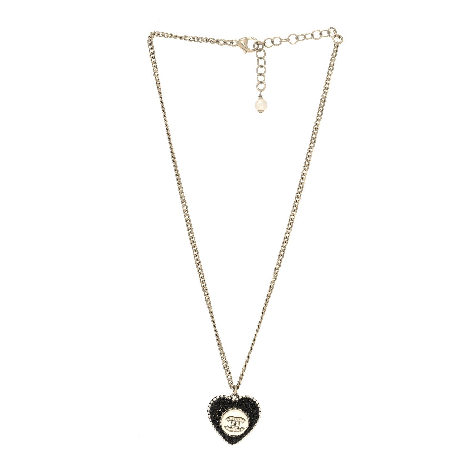 Chanel Pearl Crystal CC Heart Necklace Gold Pearly White Black 3 of 5