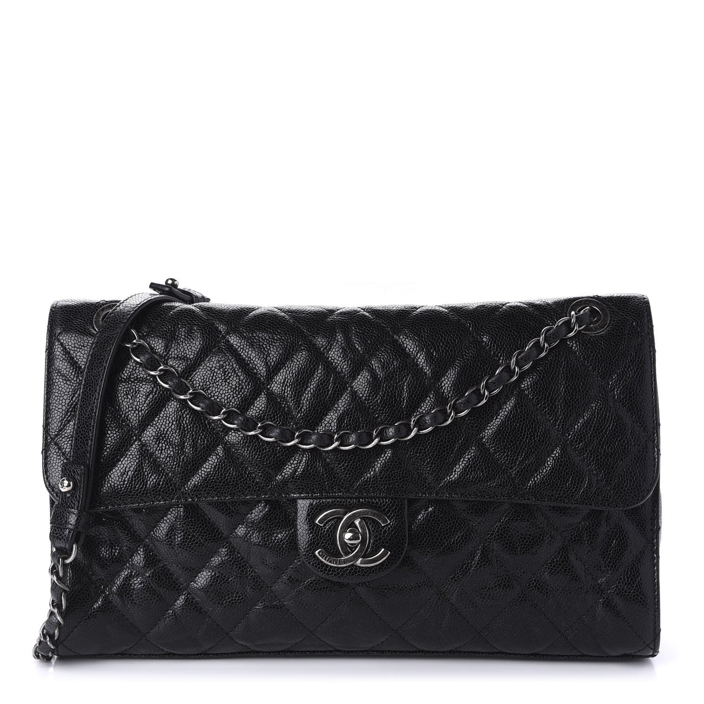 Crumpled Grained Calfskin Jumbo CC Crave Flap Black