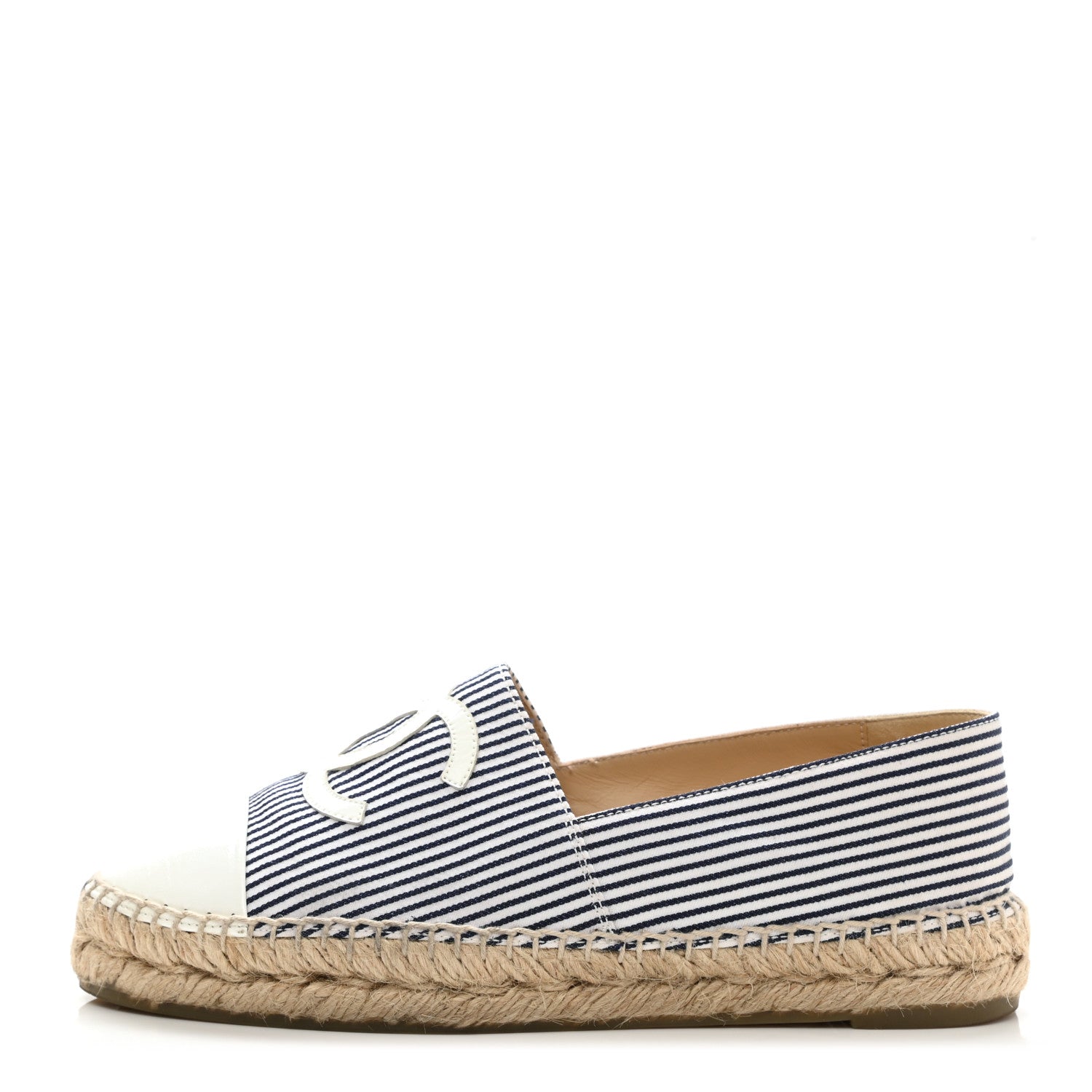 Chanel Canvas Striped Patent CC Espadrilles 37 Ivory Navy White 1 of 11