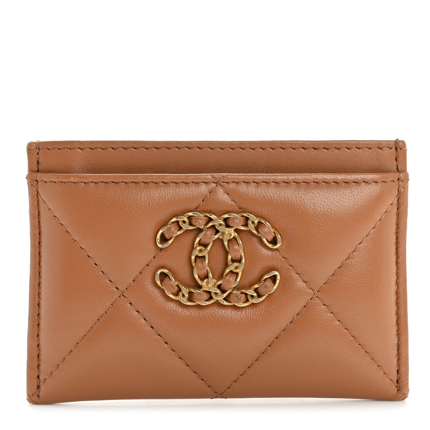 Lambskin Quilted Chanel 19 Card Holder Brown
