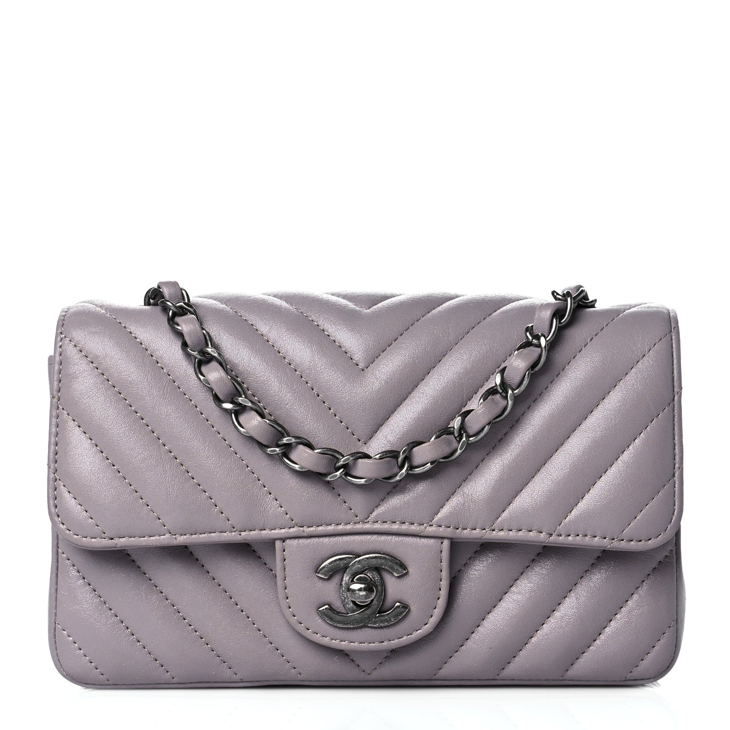 Iridescent Calfskin Chevron Quilted Mini Rectangular Flap Grey
