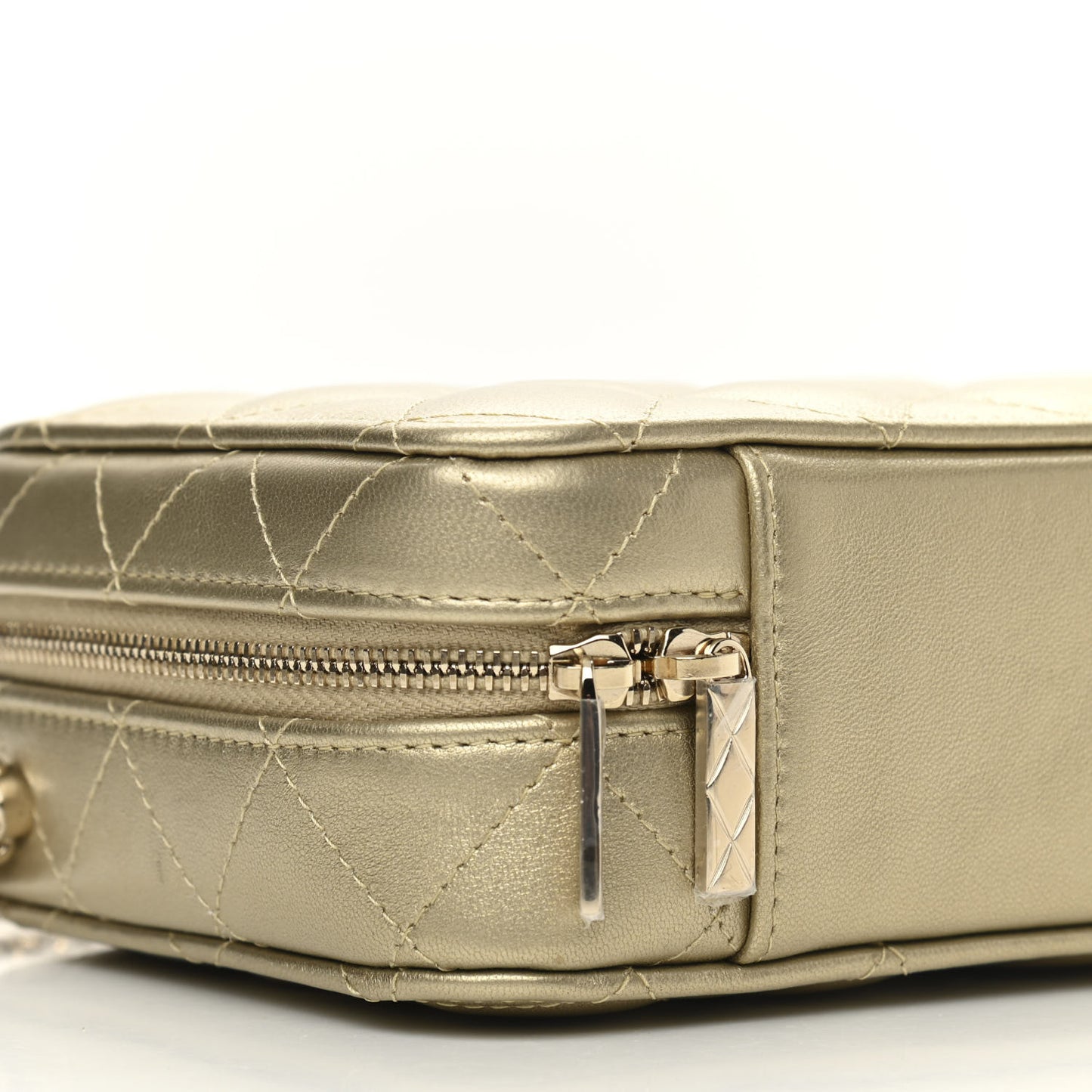 Metallic Lambskin Quilted Top Handle Vanity Case Gold