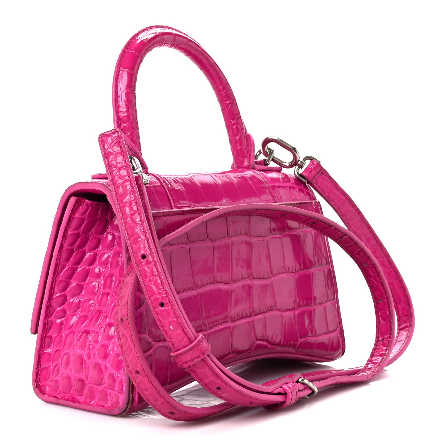 Balenciaga Shiny Calfskin Crocodile Embossed Hourglass Top Handle Bag XS Lipstick Pink 3 of 14