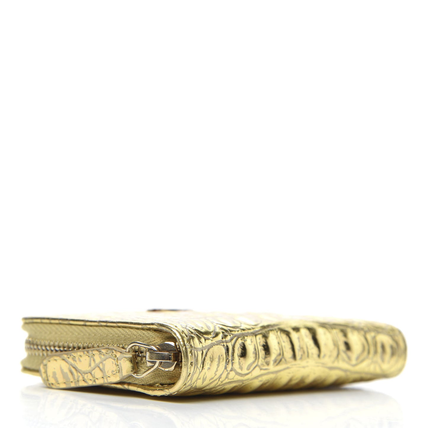 Metallic Calfskin Crocodile Embossed Cocodile Zip Coin Case Gold