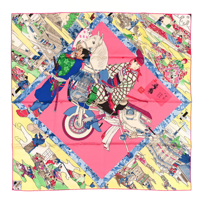 Hermes Silk Les Artisans D'Hermes Scarf 90 Rose Vif Bleu Jaune 1 of 3