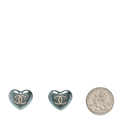 Chanel Pearl Crystal CC Heart Earrings Blue Gold 2 of 5