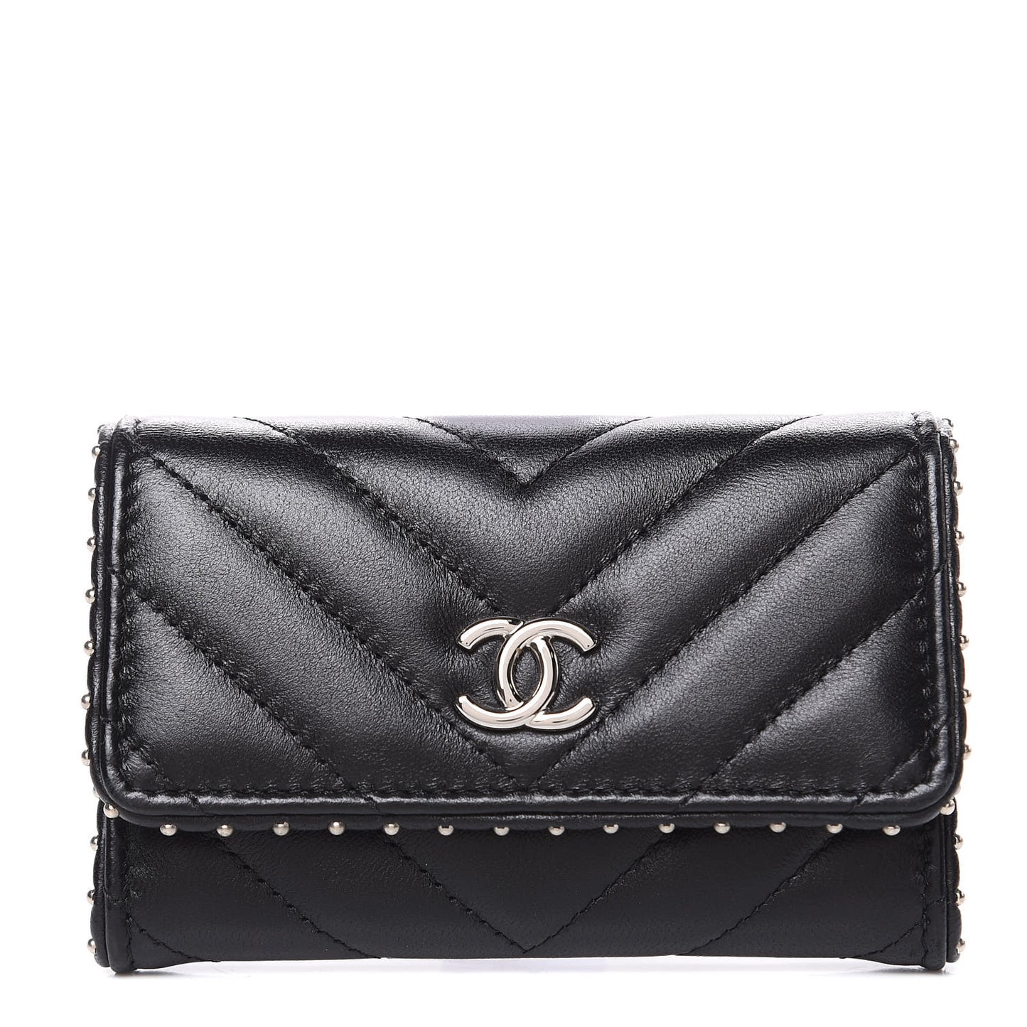 Lambskin Chevron Quilted Studded Card Holder Black