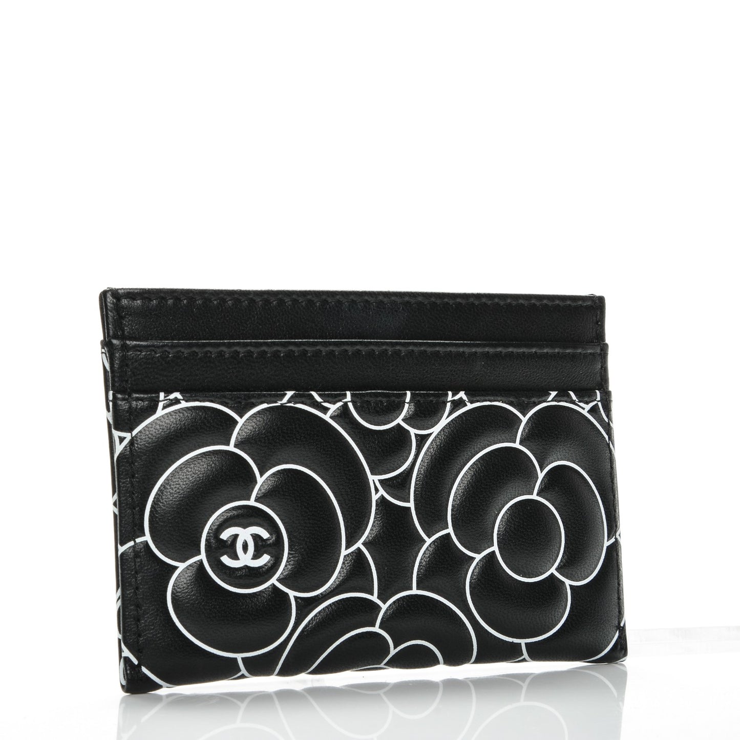 Lambskin Camellia Embossed Card Holder Black White