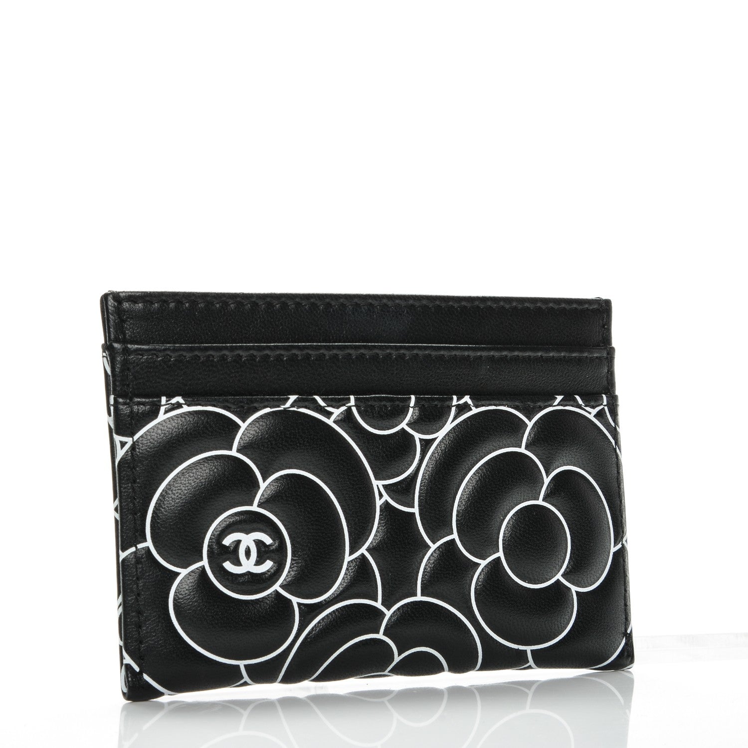Chanel Lambskin Camellia Embossed Card Holder Black White 3 of 8