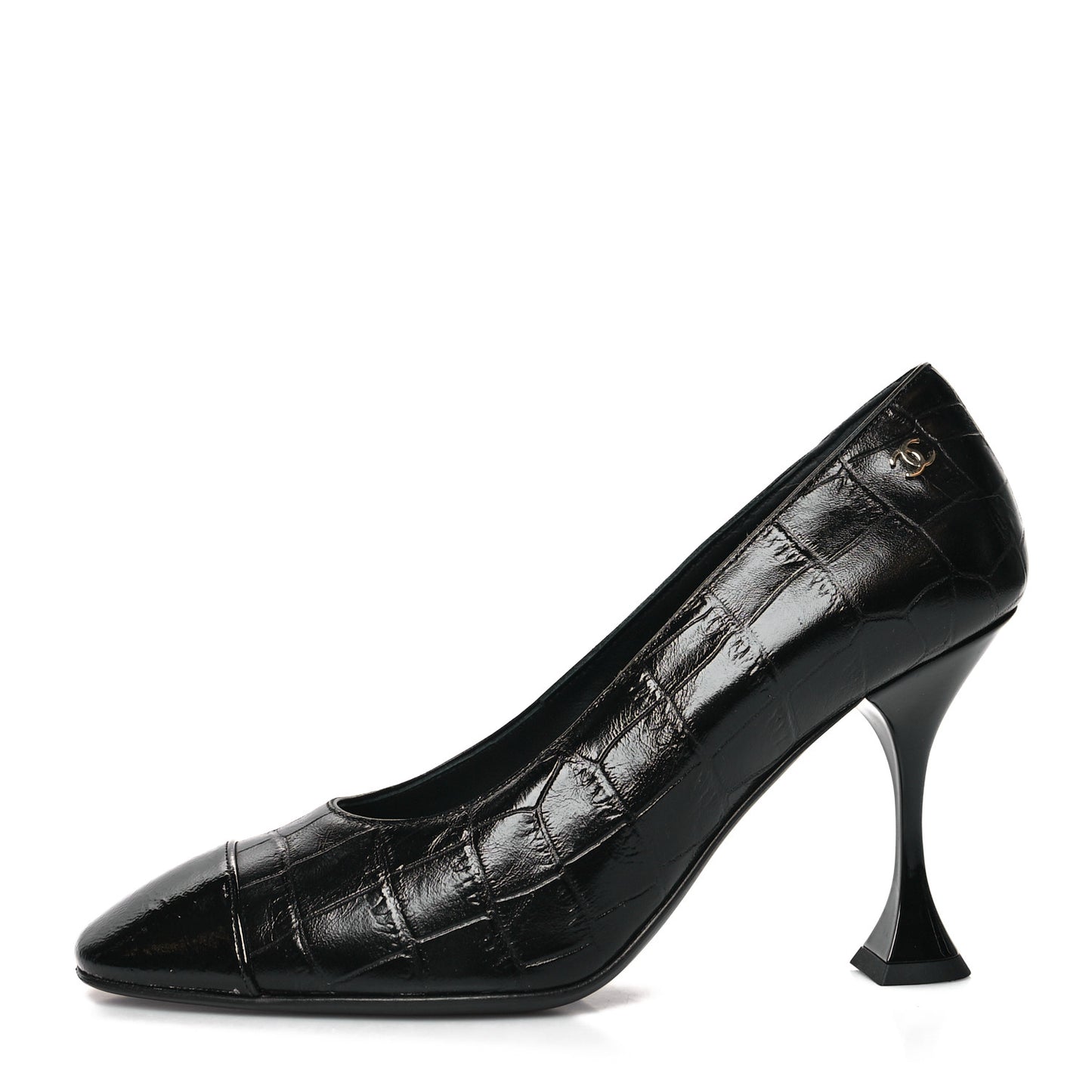 Crocodile Embossed Crumpled Patent Cap Toe Pumps 35.5 Black