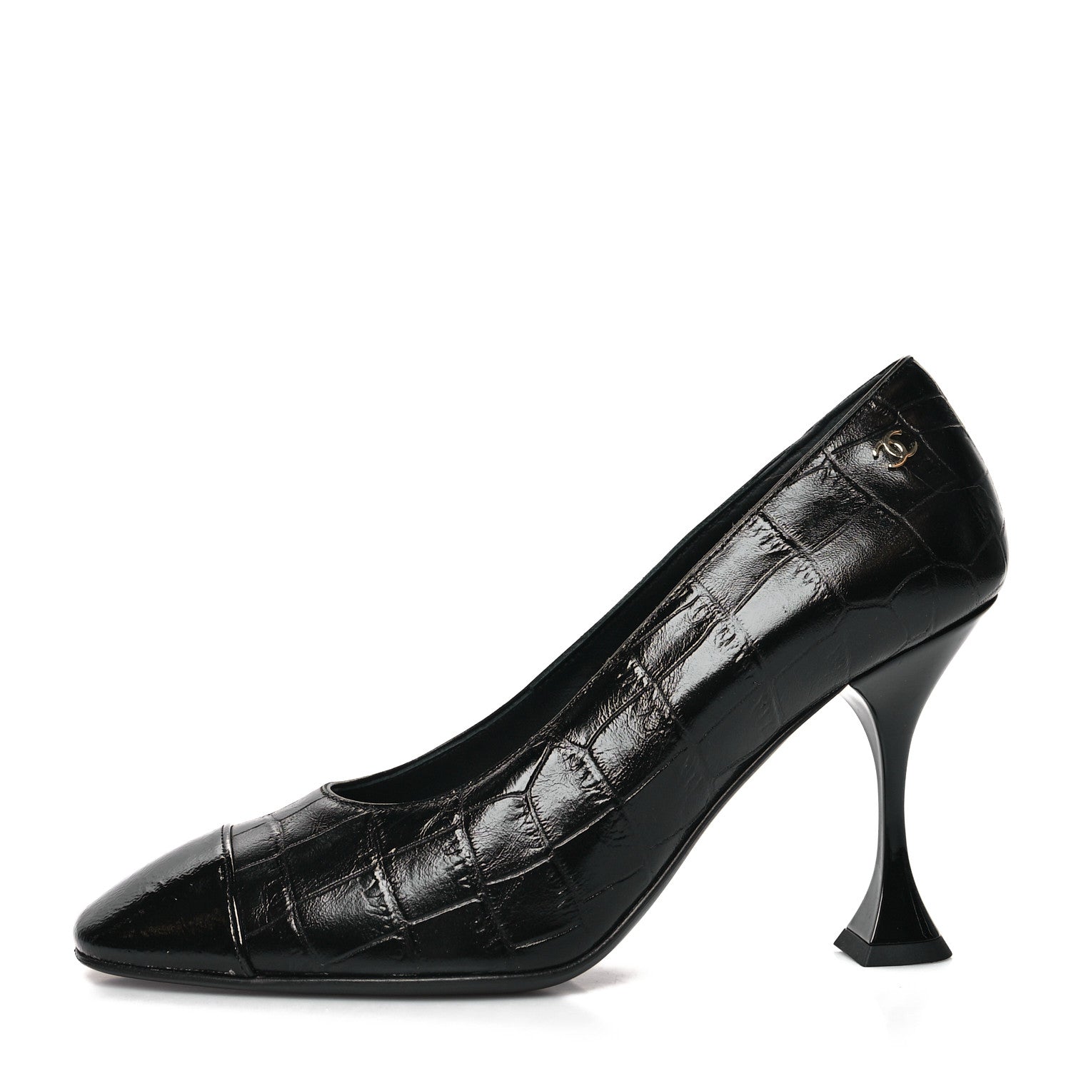 Chanel Crocodile Embossed Crumpled Patent Cap Toe Pumps 35.5 Black 1 of 8