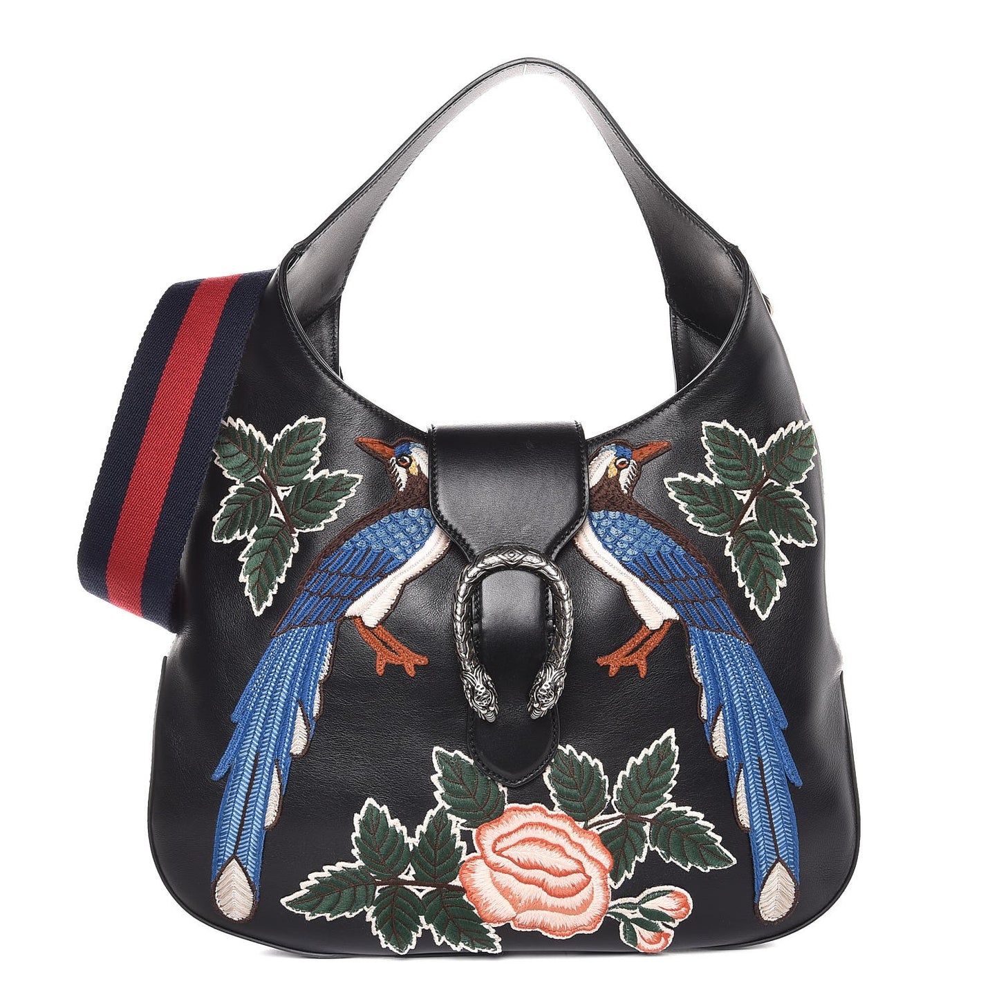 Calfskin Web Garden Collection Embroidered Medium Dionysus Hobo Black