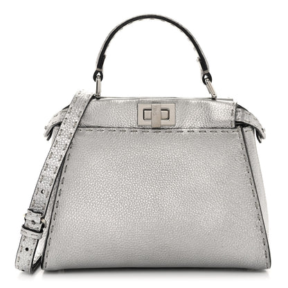 Fendi Cuoio Romano Lux Selleria Mini Peekaboo Iconic Satchel Argento 1 of 11