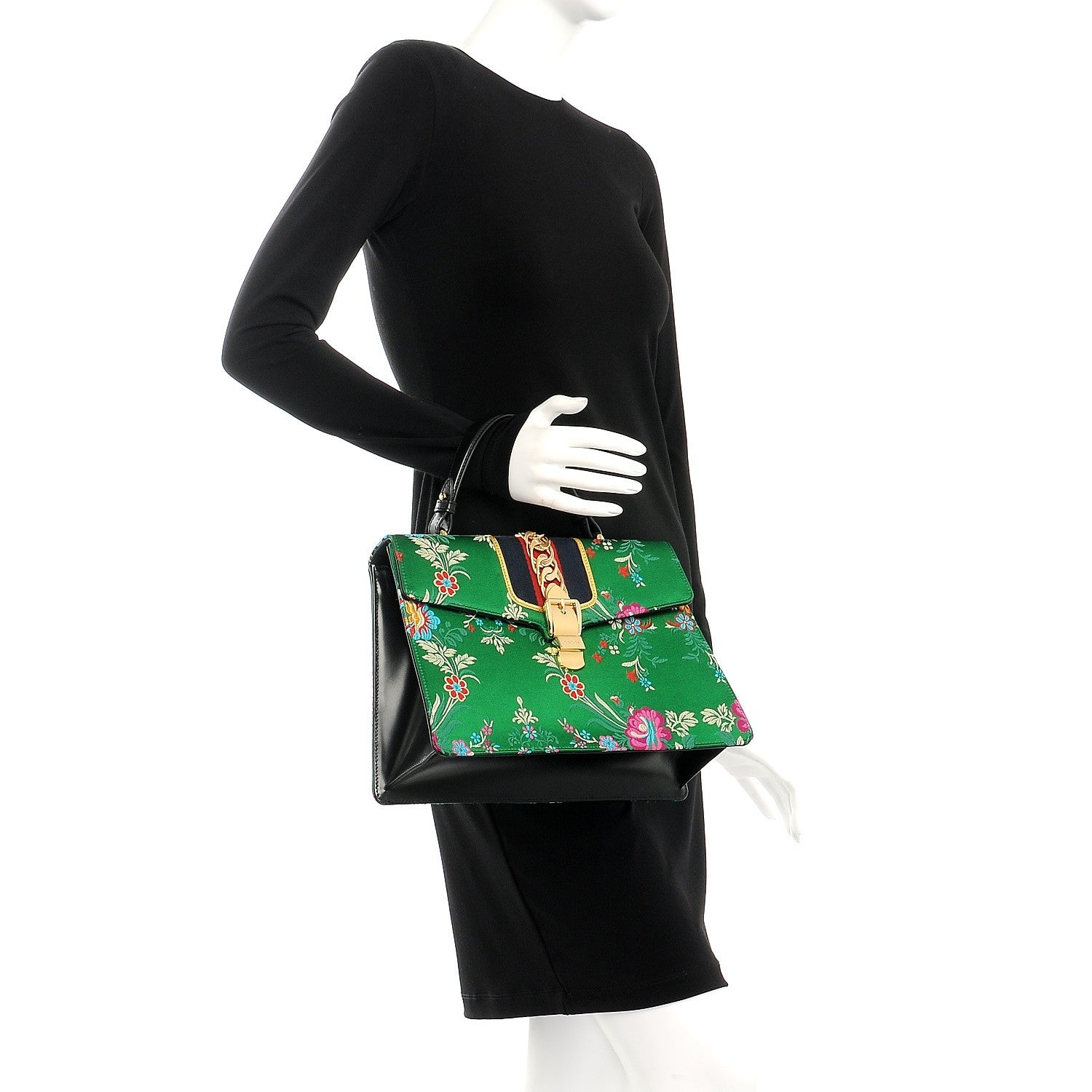 Gucci Jacquard Floral Medium Sylvie Top Handle Bag Green Multicolor Black 2 of 9