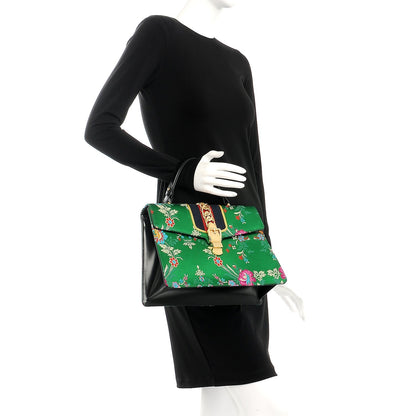 Gucci Jacquard Floral Medium Sylvie Top Handle Bag Green Multicolor Black 2 of 9
