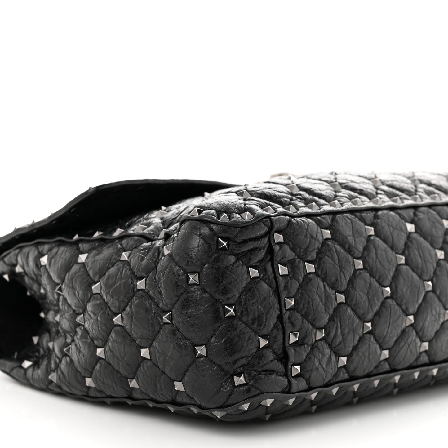 Craquele Nappa Large Rockstud Spike Shoulder Bag Black