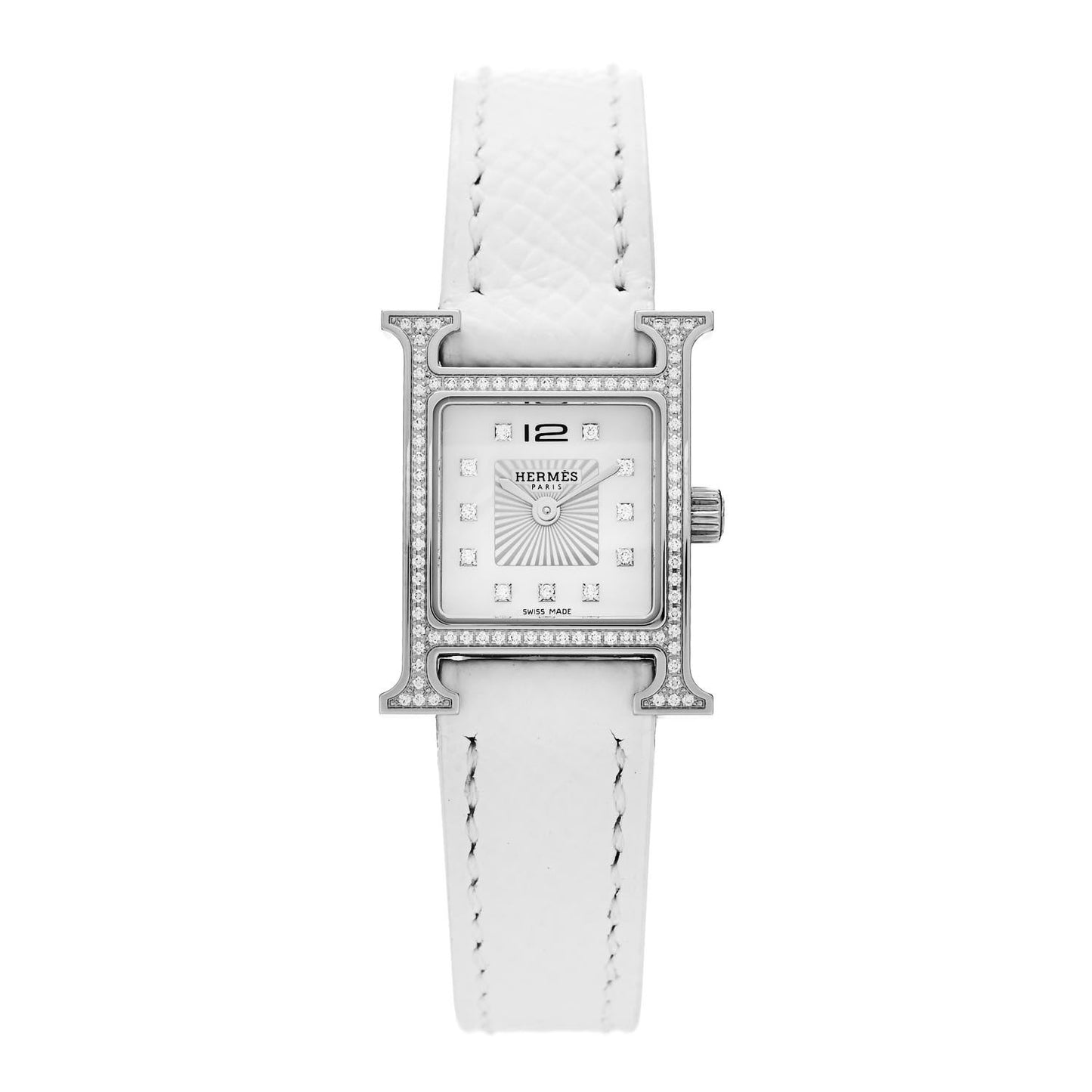 Stainless Steel Epsom Diamond Bezel Mother of Pearl 17.2mm Heure H Hour Quartz Watch Blanc
