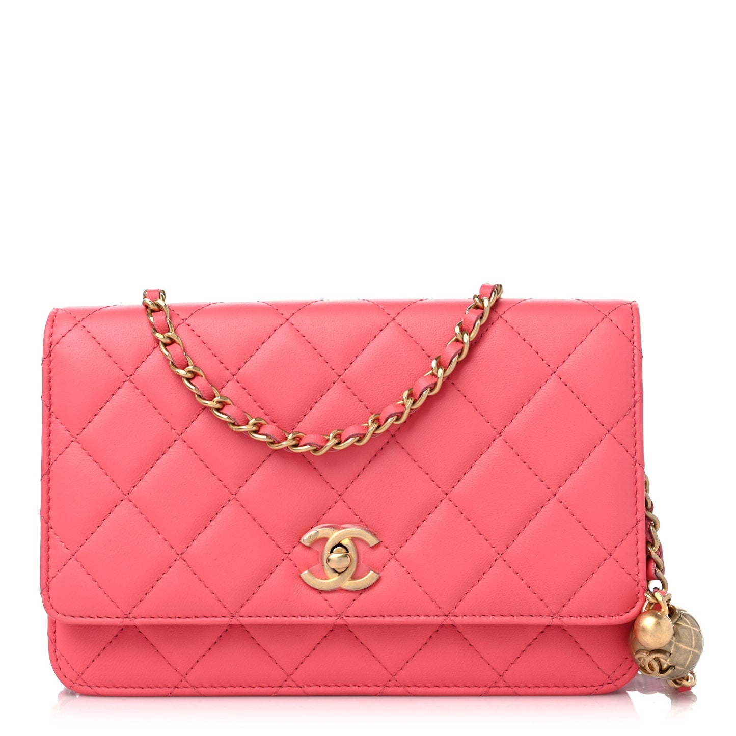 Lambskin Quilted CC Pearl Crush Wallet on Chain WOC Pink