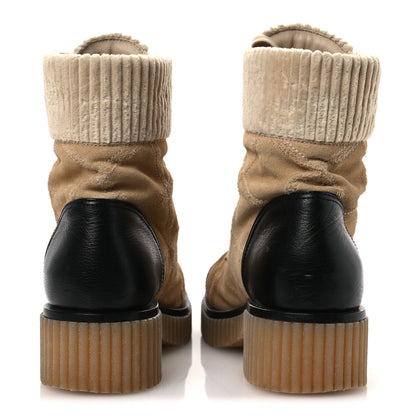Chanel Suede Calfskin Velvet Quilted CC Combat Boots 37.5 Beige Black 6 of 14