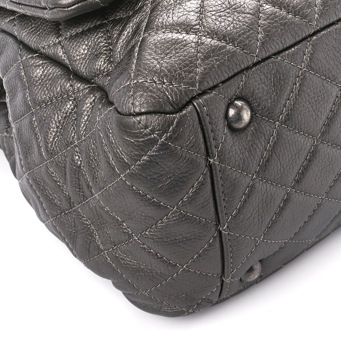 Metallic Calfskin Quilted Small XXL Travel Flap Bag Dark Silver