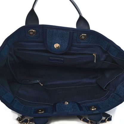 Chanel Mixed Fibers Striped Medium Deauville Tote Navy Blue 4 of 4