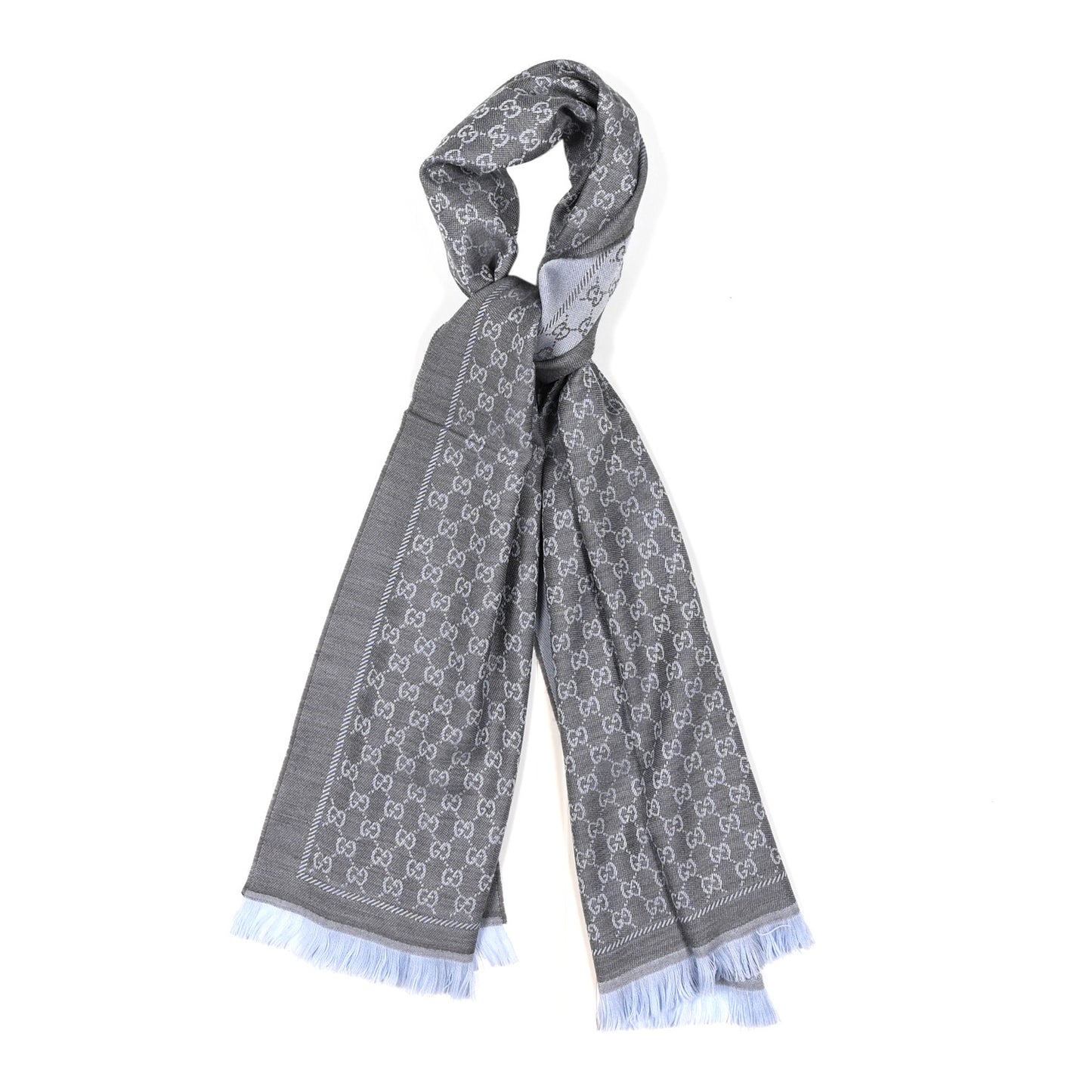 Wool GG Monogram Reversible New Sten Fringe Scarf Flannel Sky Blue