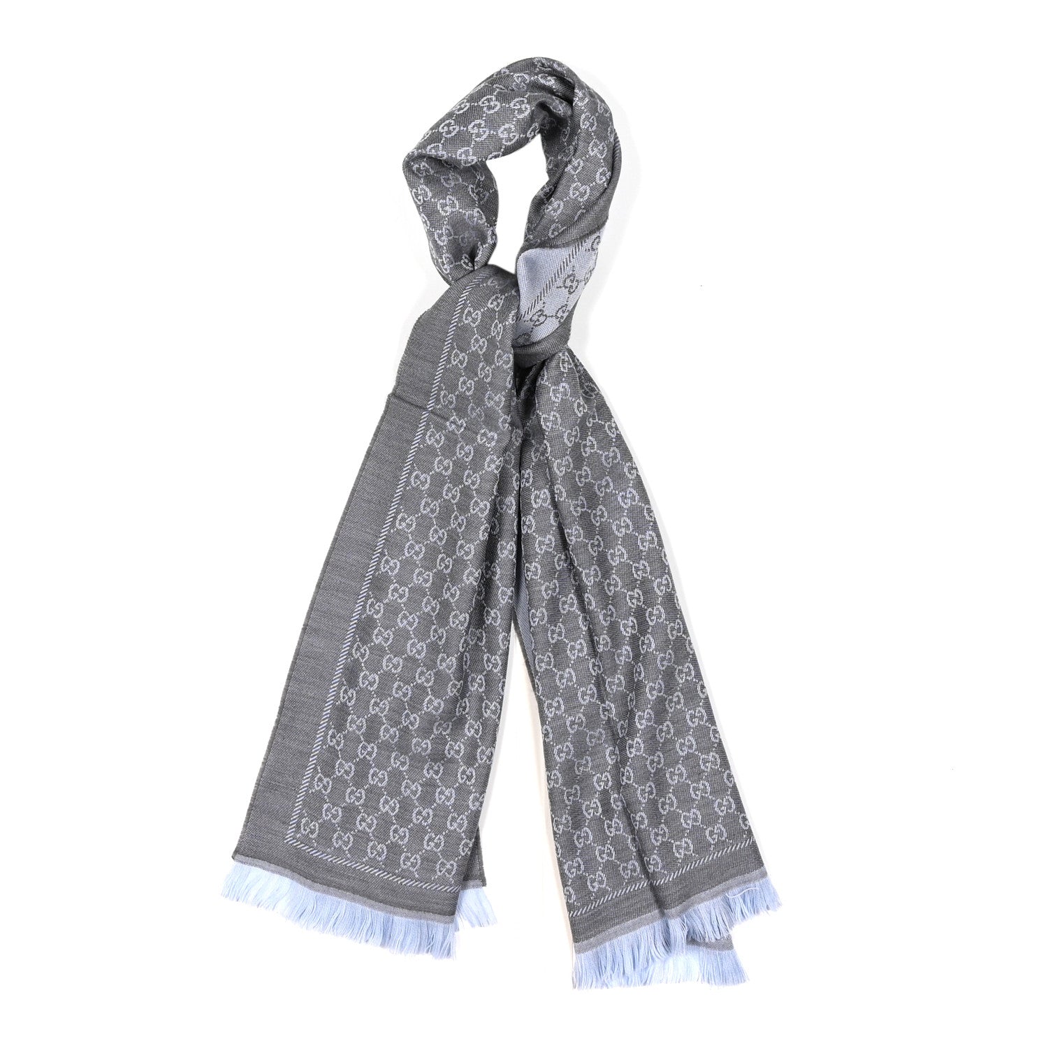 Gucci Wool GG Monogram Reversible New Sten Fringe Scarf Flannel Sky Blue 1 of 4