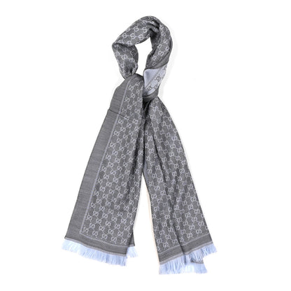 Gucci Wool GG Monogram Reversible New Sten Fringe Scarf Flannel Sky Blue 1 of 4