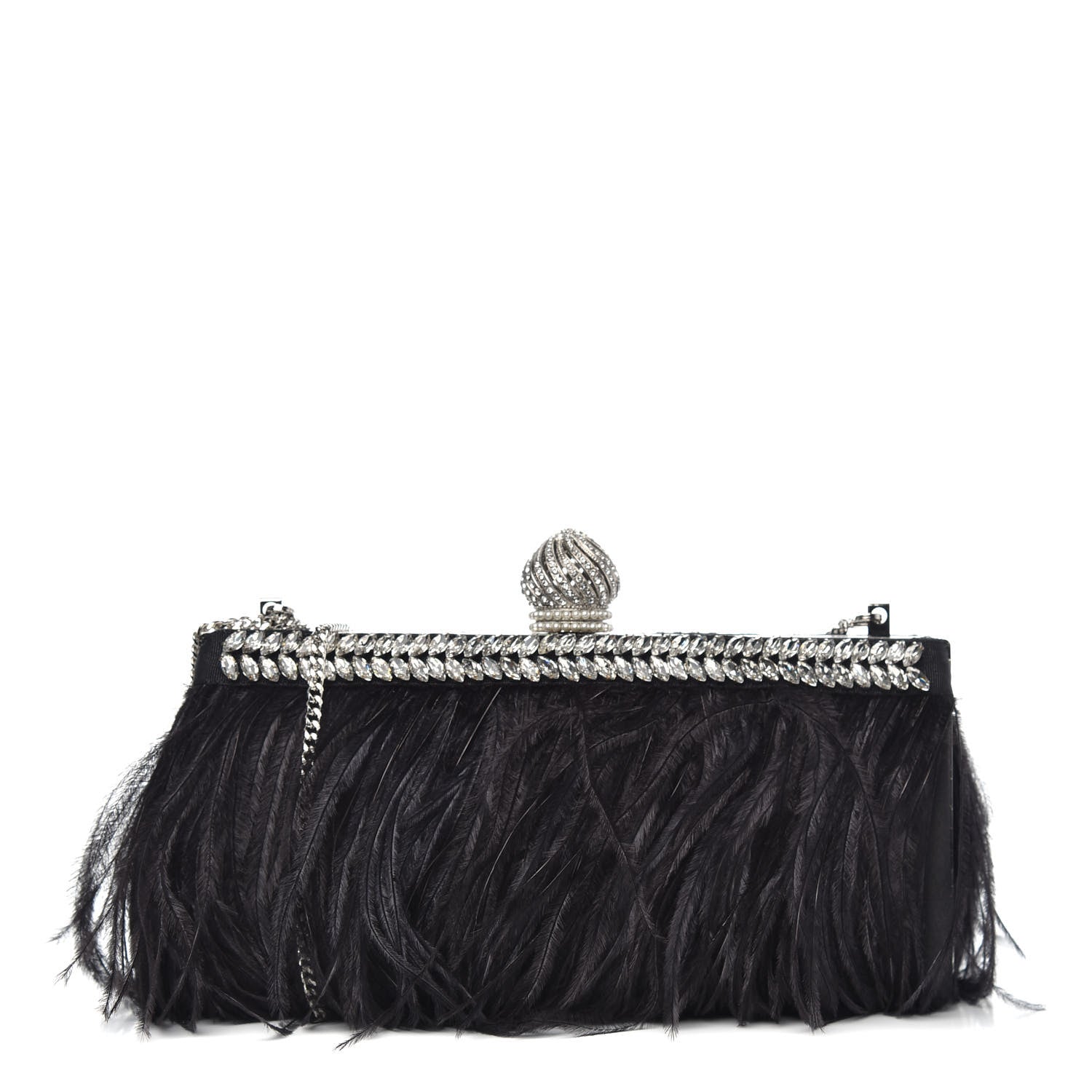 Jimmy Choo Satin Feather Crystal Embellished Celeste Clutch Black 1 of 7