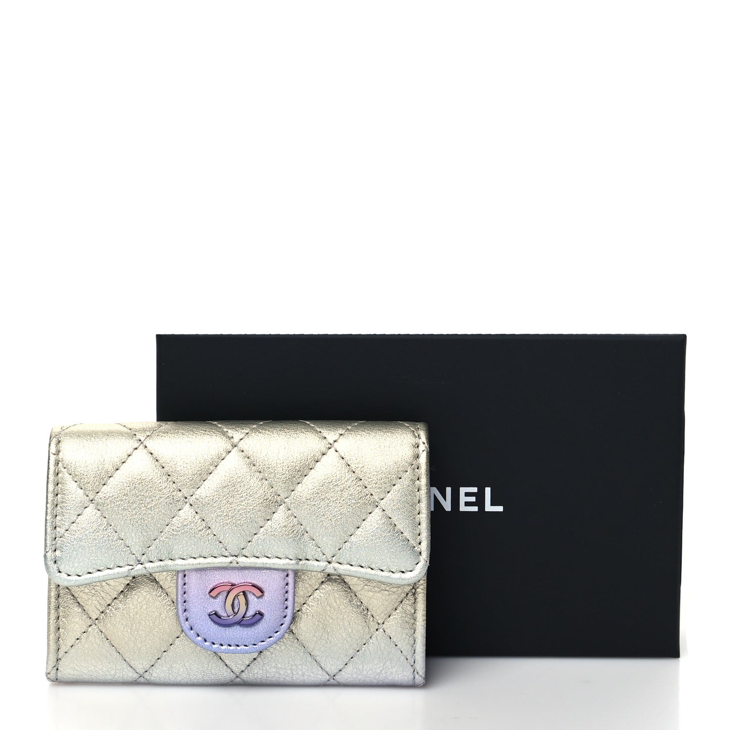 Gradient Metallic Calfskin Quilted Flap Card Holder Wallet Silver Blue Yellow Purple