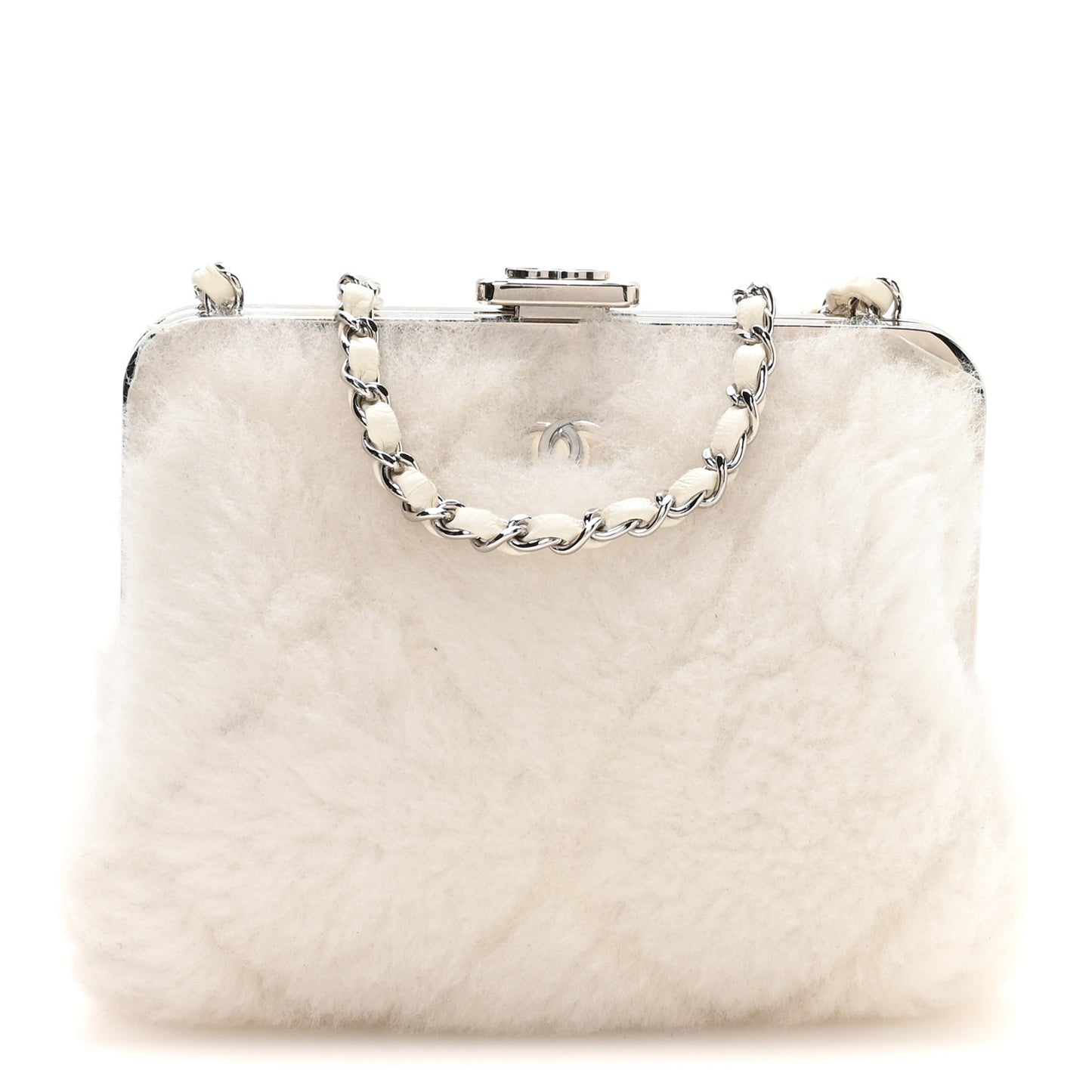 Shearling Sheepskin Lambskin Quilted Clutch With Chain White