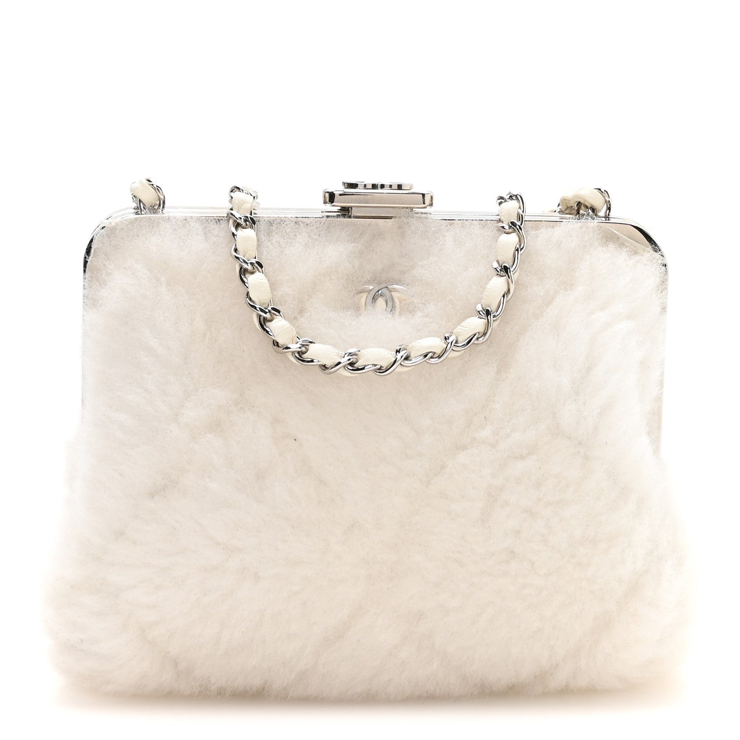 Chanel Shearling Sheepskin Lambskin Quilted Clutch With Chain White 1 of 10