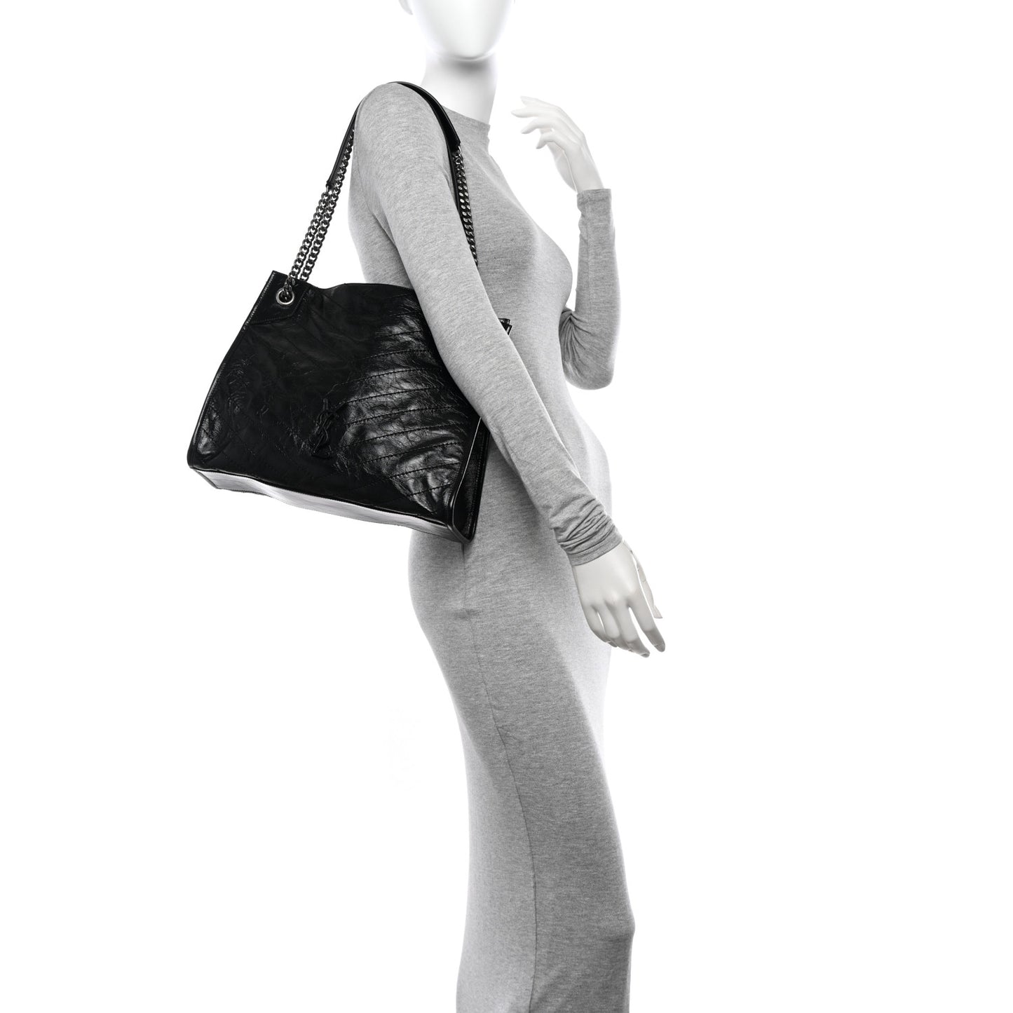 Crinkled Calfskin Matelasse Monogram Medium Niki Shopper Tote Black