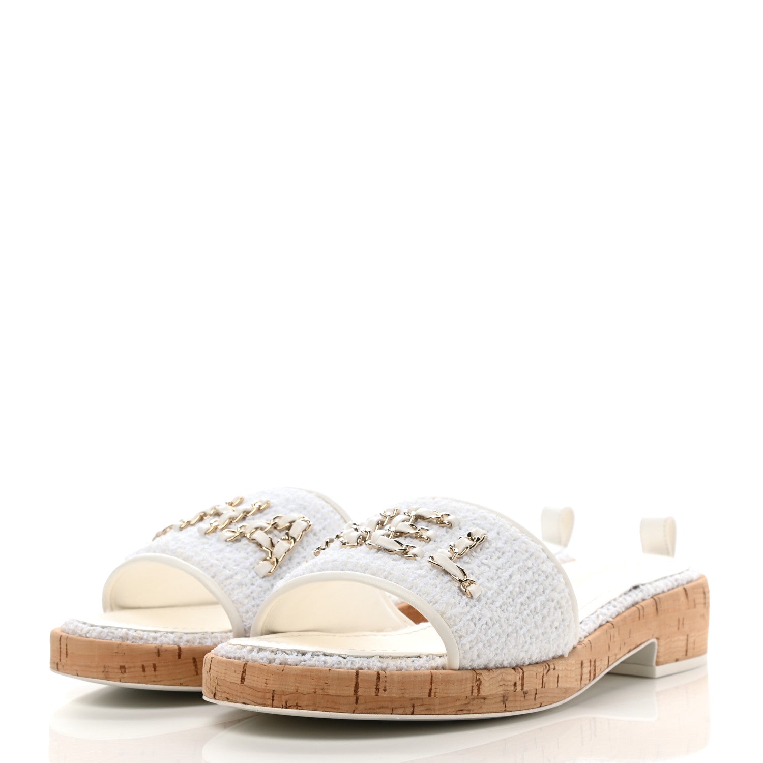 Chanel Tweed Cork CC Chain Mule Sandal 41 White 3 of 9