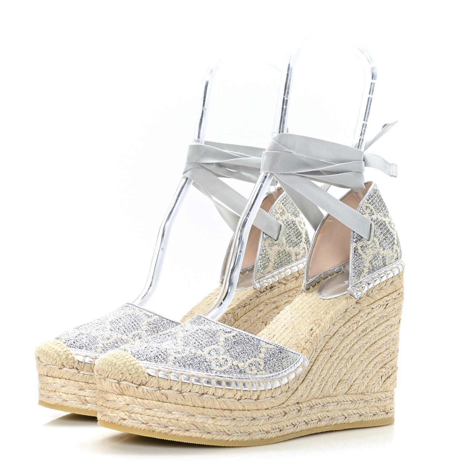 Gucci Lame GG Monogram Ankle Wrap Platform Espadrille Wedges 39.5 Silver Beige Light Grey 3 of 8